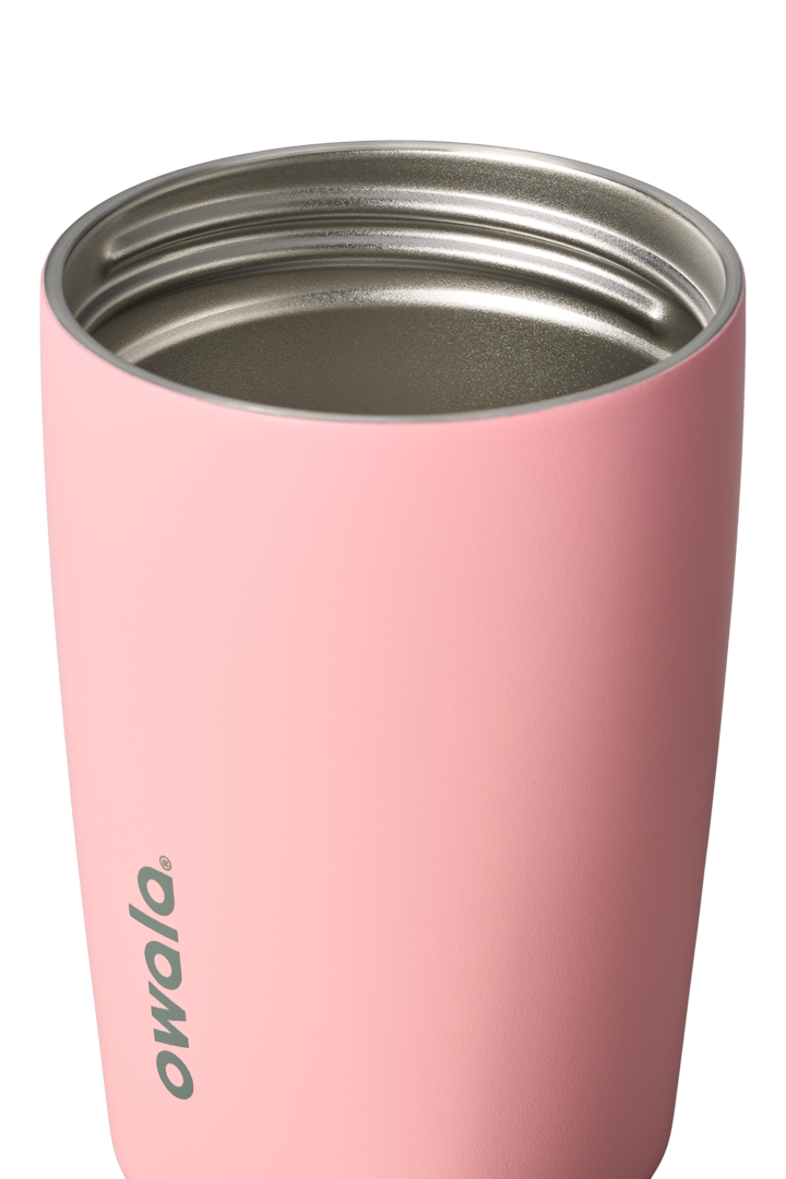 Owala SmoothSip Slider 12oz in Sugar High, pink insulated stainless steel body shown open with stainless steel interior visible and no lid