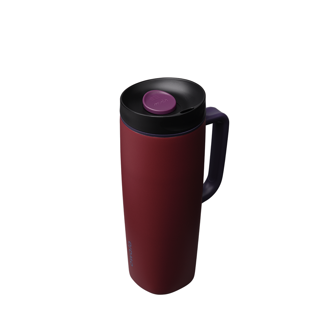 Owala SmoothSip Slider with Handle 24oz in Burgundy Bay, deep crimson insulated stainless steel body with black lid, purple slider button, and dark navy handle